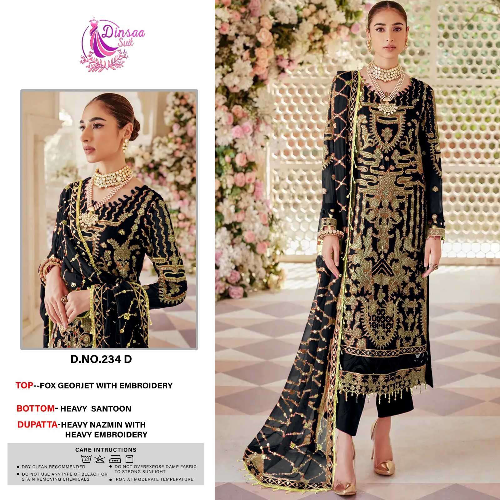 dinsaa 234 heavy georgette embroidery work suit 