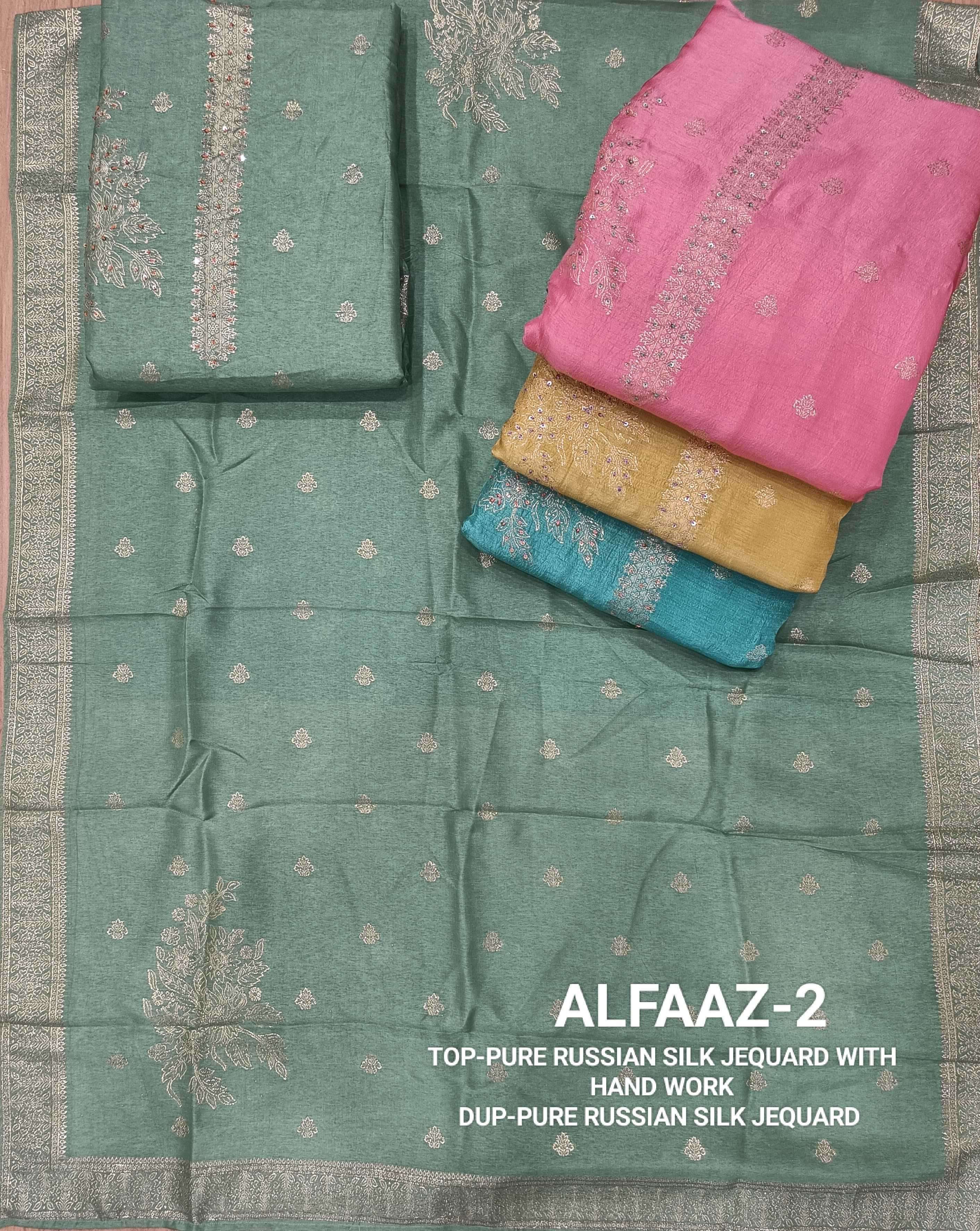 fourdots alfaaz vol 2 series 501-504 Pure Russian Silk Jequard With Hand Work suit