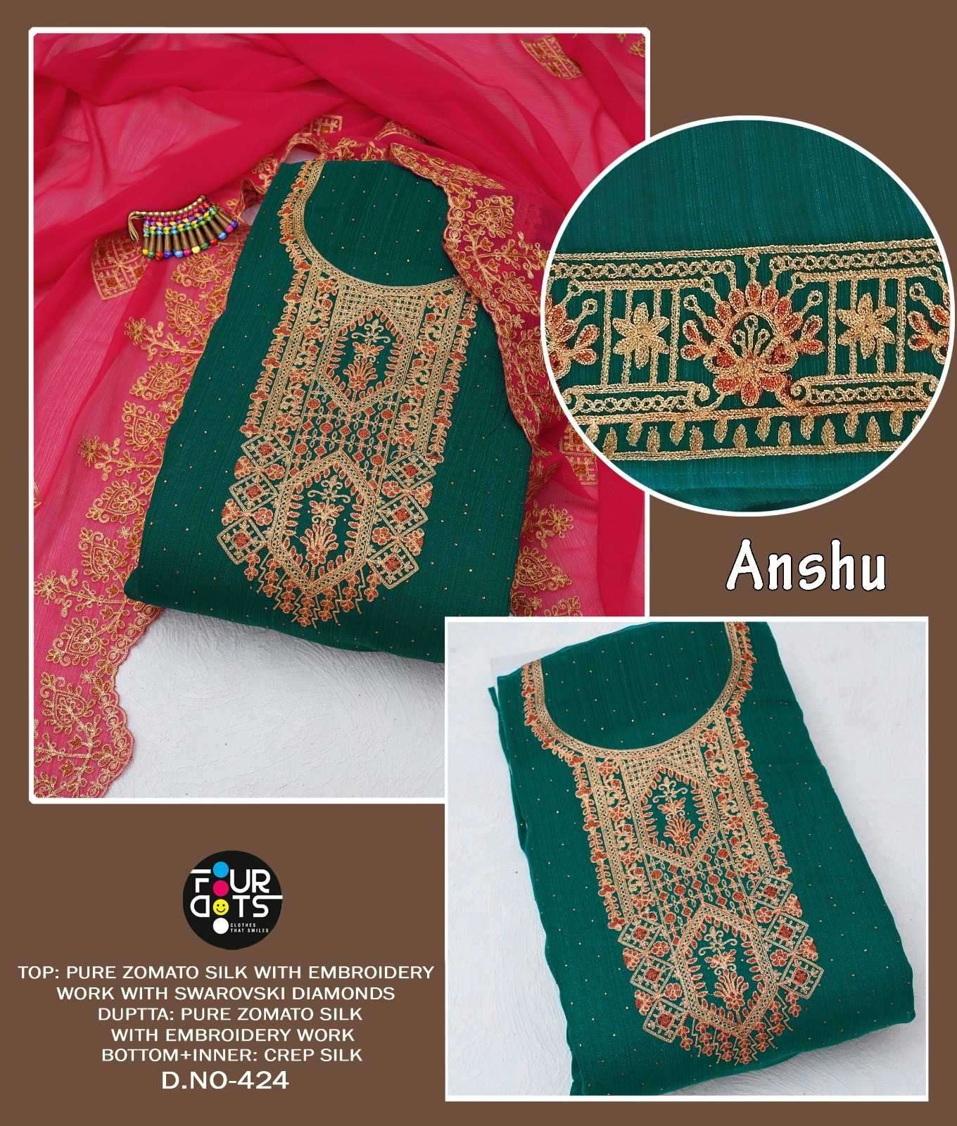 fourdots anshu Pure Zomato Silk With Embroidery Work With Swarovski Diamonds suit