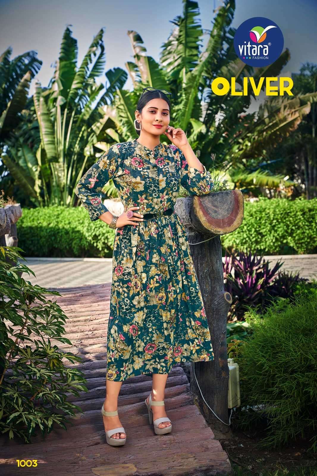 vitara fashion oliver series 1001-1003 reyon rinkle prints kurti