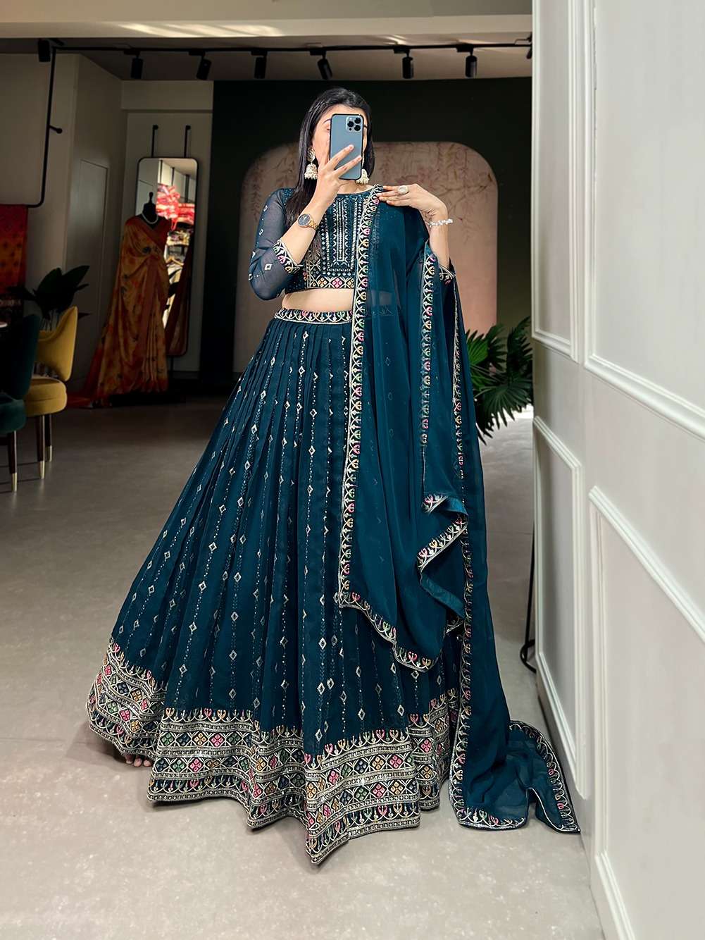 A step into festivities adorned in this embroidered lehenga choli