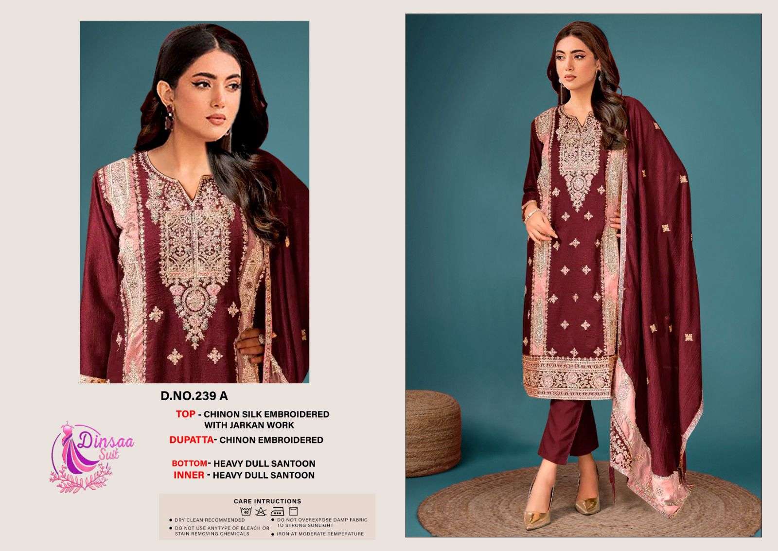 DINSAA SUIT 239 CHINON SILK EMBROIDERED WITH JARKAN WORK suit