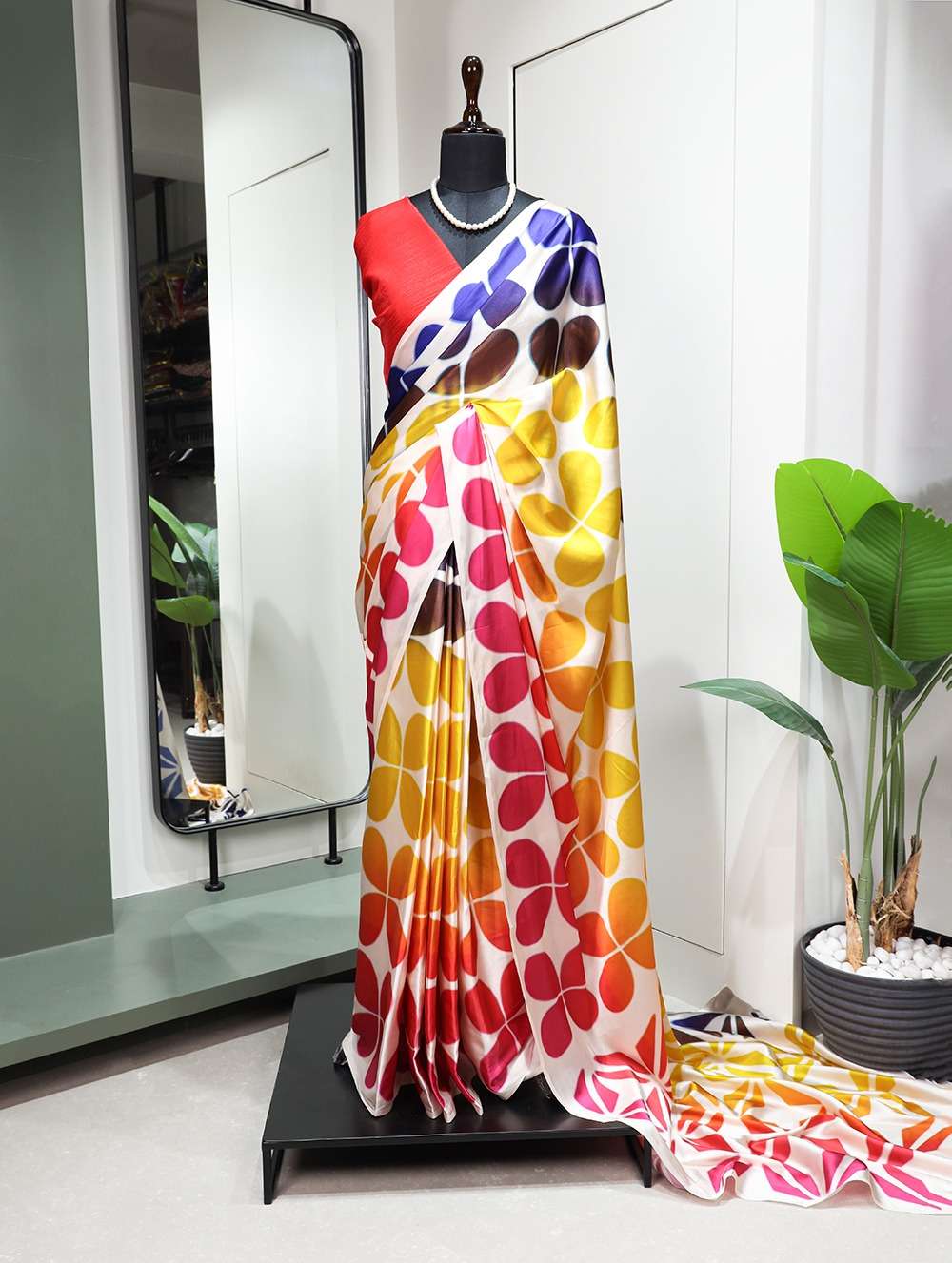 Embrace the allure of prints on satin saree