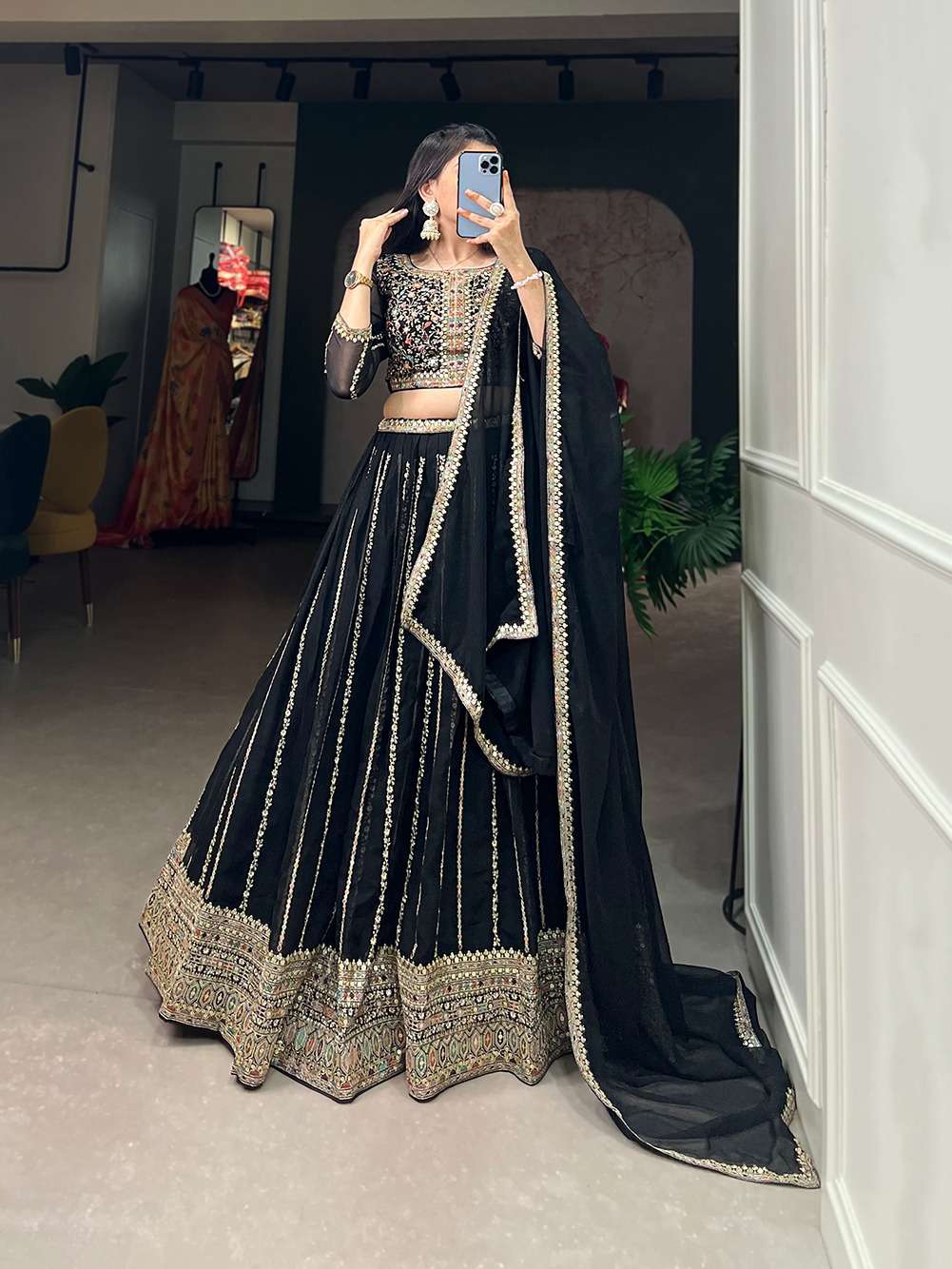 LNB1806BLK Georgette lehenga Sequins and Thread Embroidery Work