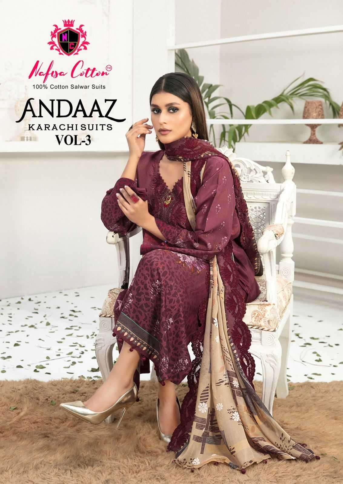nafisa cotton andaaz karachi suits vol 3 series 3001-3006 Pure Soft Cotton suit
