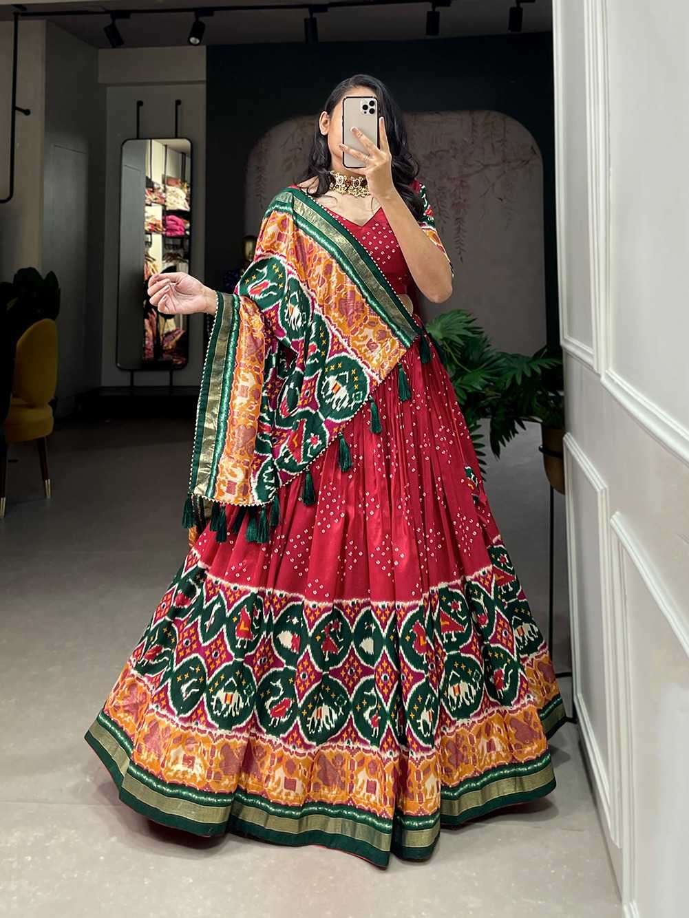 pr 1684 Tussar Silk Patola Print With foil work lehenga