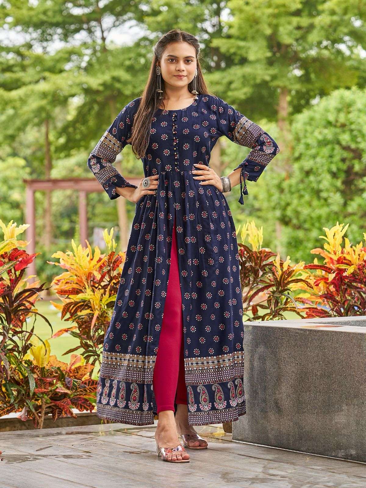 Pushpa 5.0 designer Heavy Rayon Print Front Slit Long Gown 