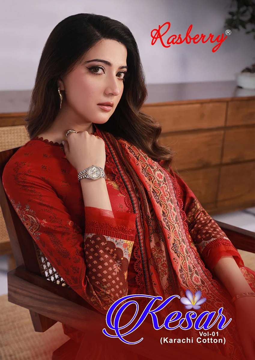 Rasberry Kesar Karachi Vol-1 series 1001-1006 Pure Cotton suit