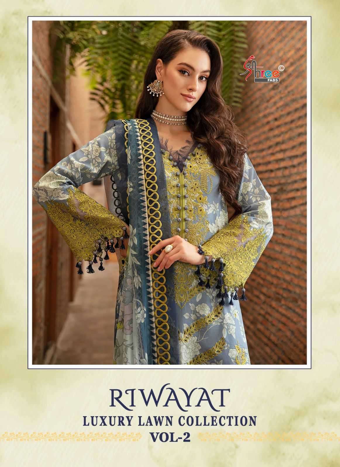 shree fab riwayat luxury lawn collection vol 2 series 3390-3396 pure lawn cotton suit 