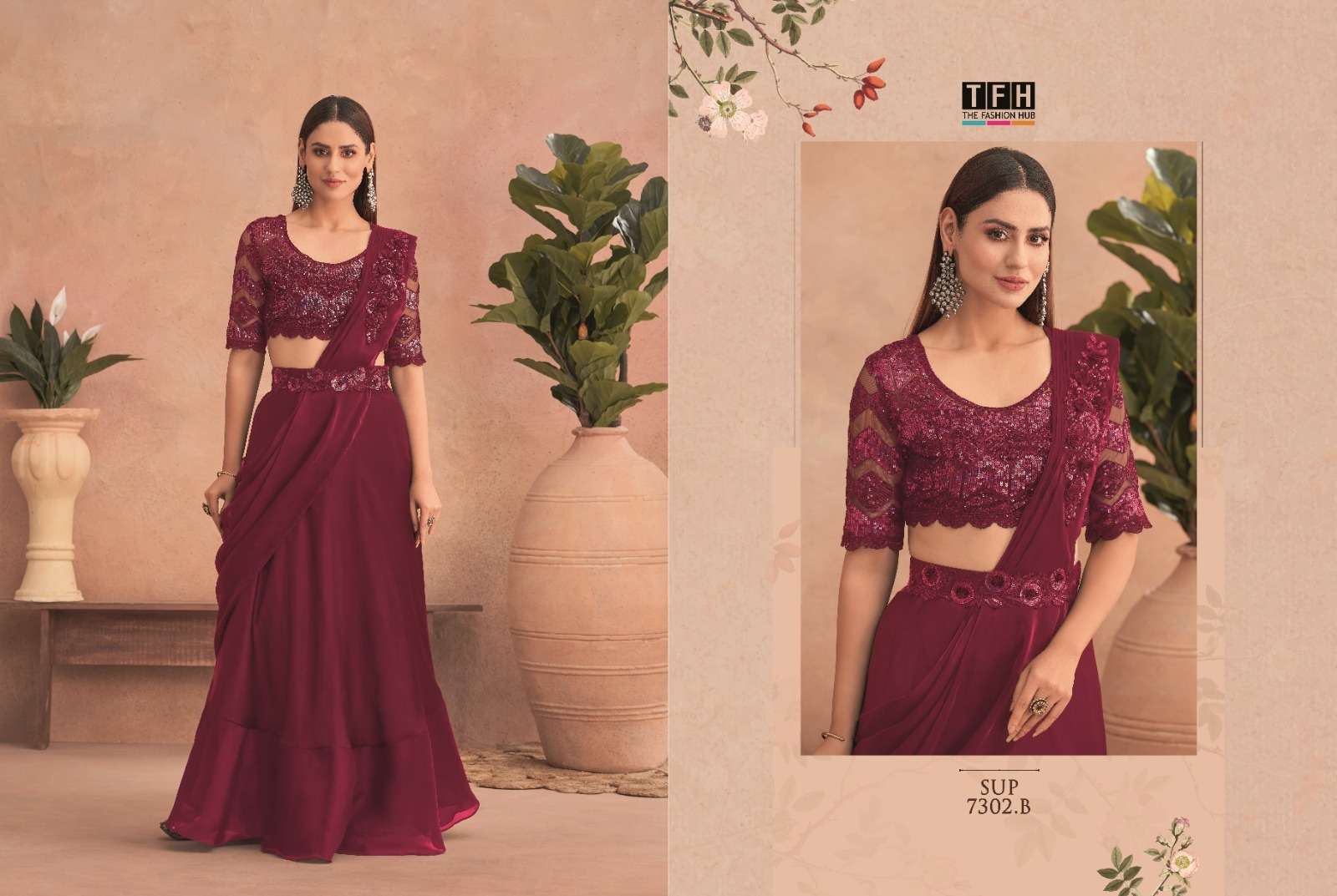 tfh super star hits 7302 series 7302A TO 7302F fancy saree with belt