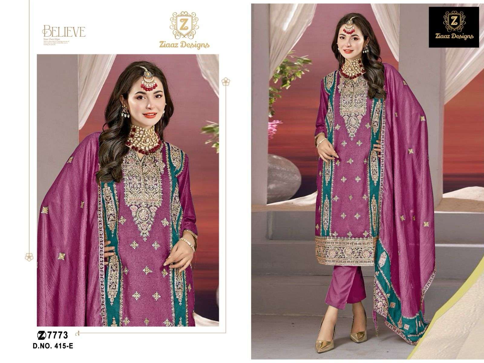 ziaaz designs 415 Chinon embroidered very beautiful shades suit