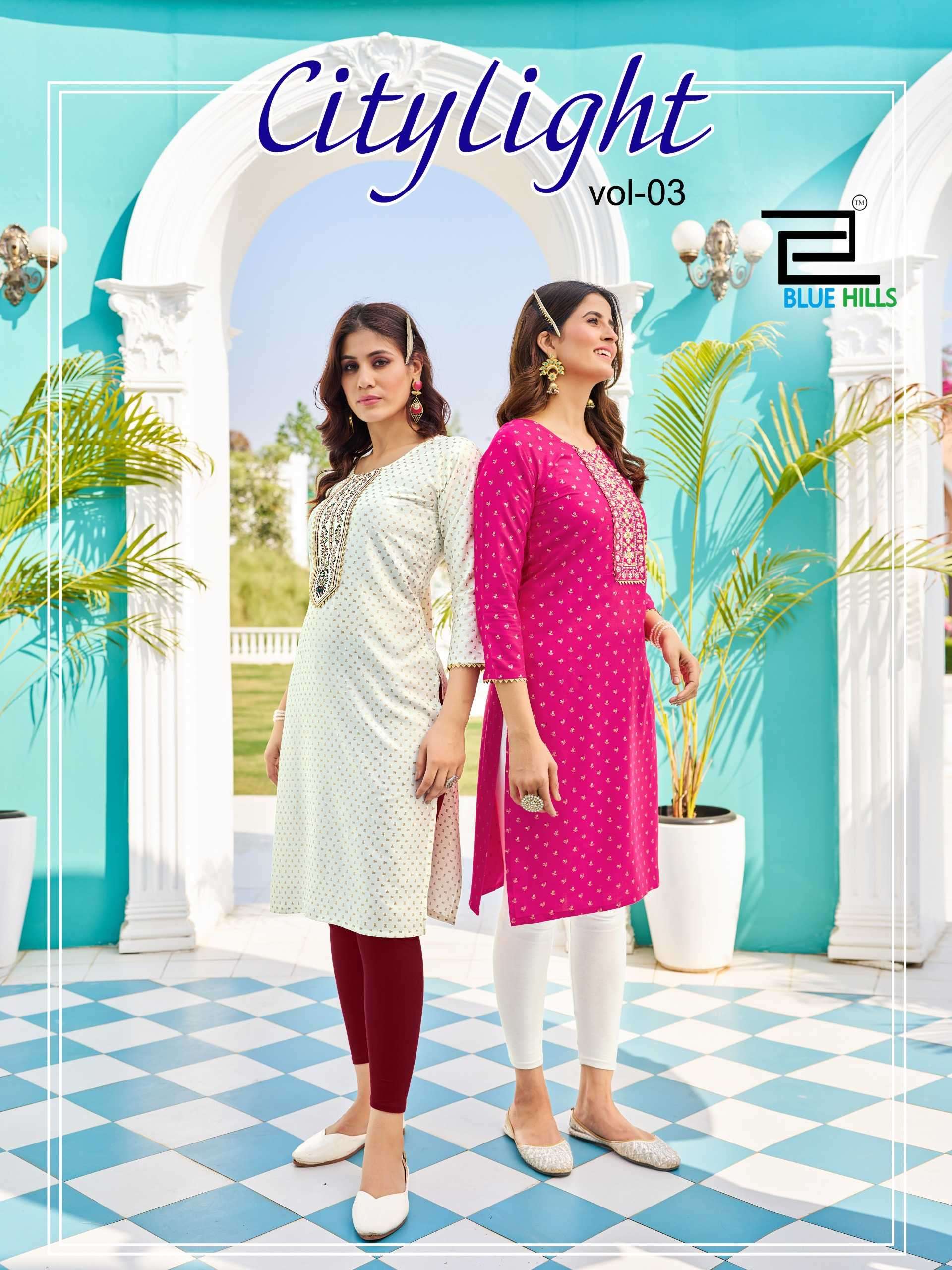 blue hills city light vol 3 series 3001-3010 14 kg rayon kurti 