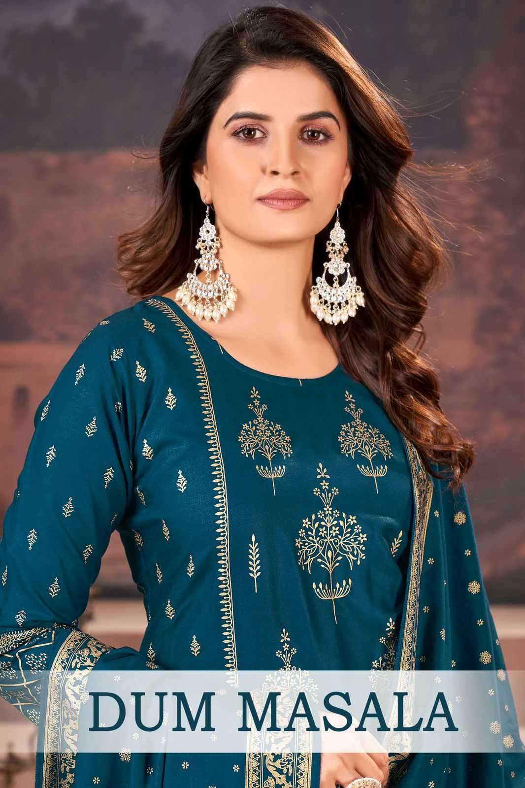 pr dum masala series 1001-1006 rayon gold print readymade suit 