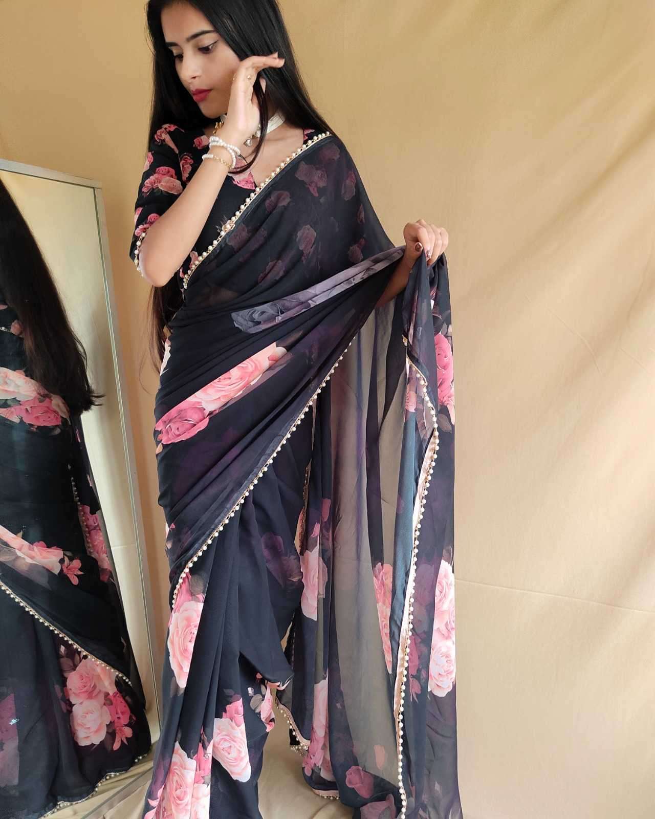 pr ynf7007 Georgette Printed saree with pearl lace border