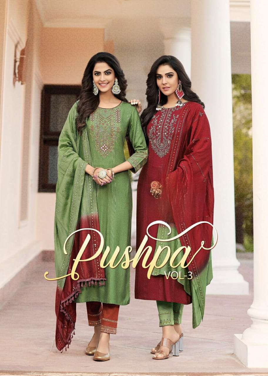 Pushpa Vol 3 designer Pure Rayon Viscose Lurex readymade suit 