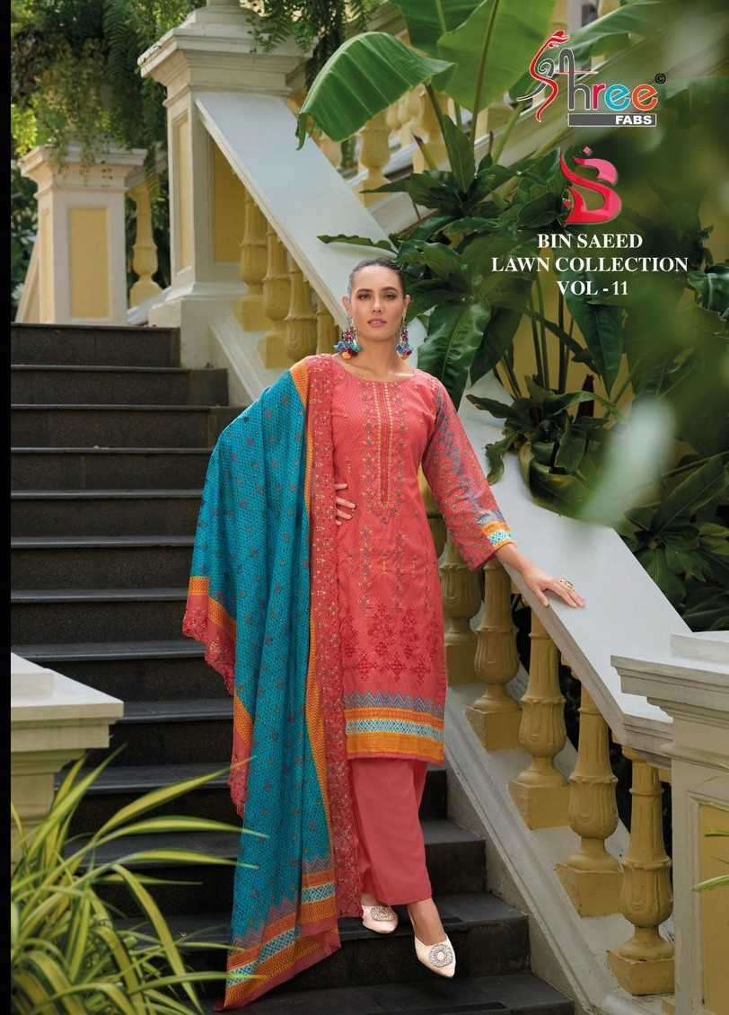 shree fab bin saeed lawn collection vol 11 series 11001-11006 pure cotton suit 