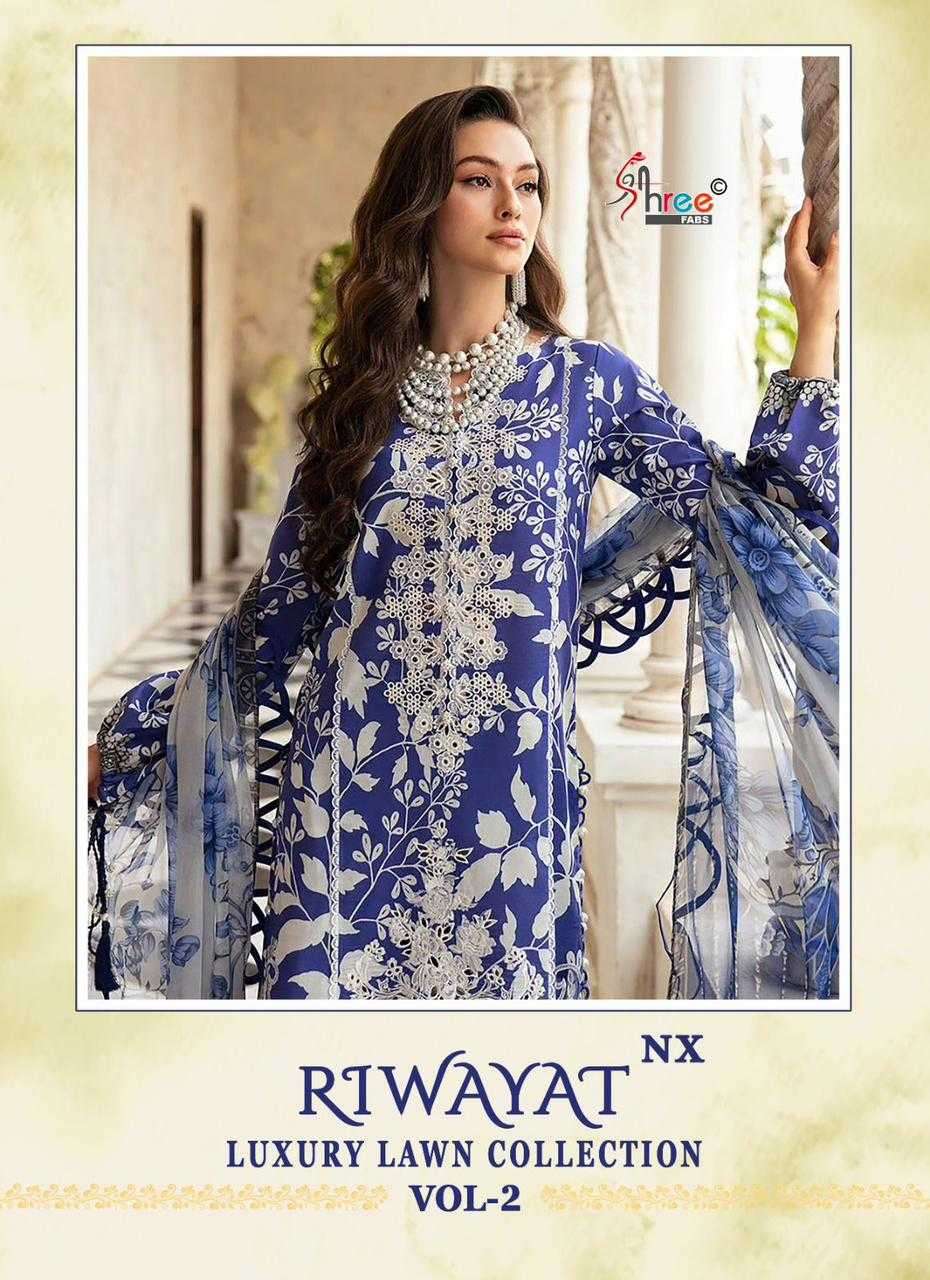 shree fab riwayat luxury lawn collection vol 2 nx series 3390-3396 pure lawn cotton suit 