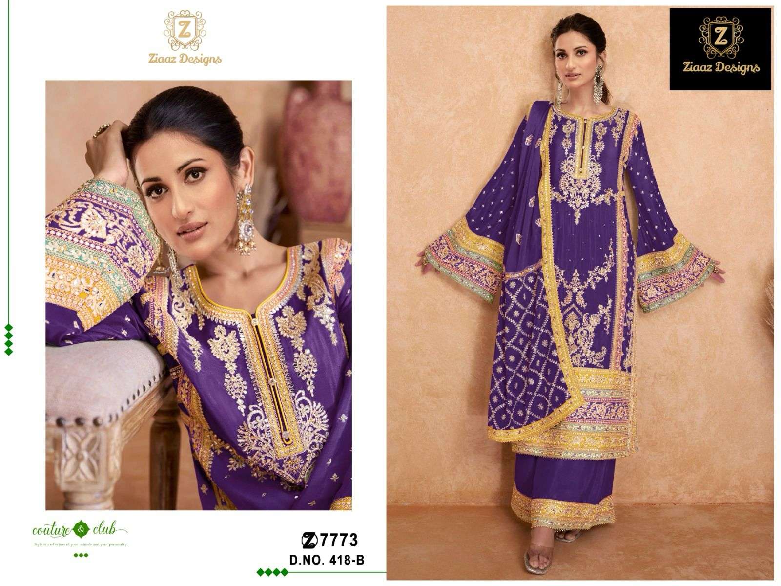 ziaaz designs 418-B-D Chinon embroidery sequins suit