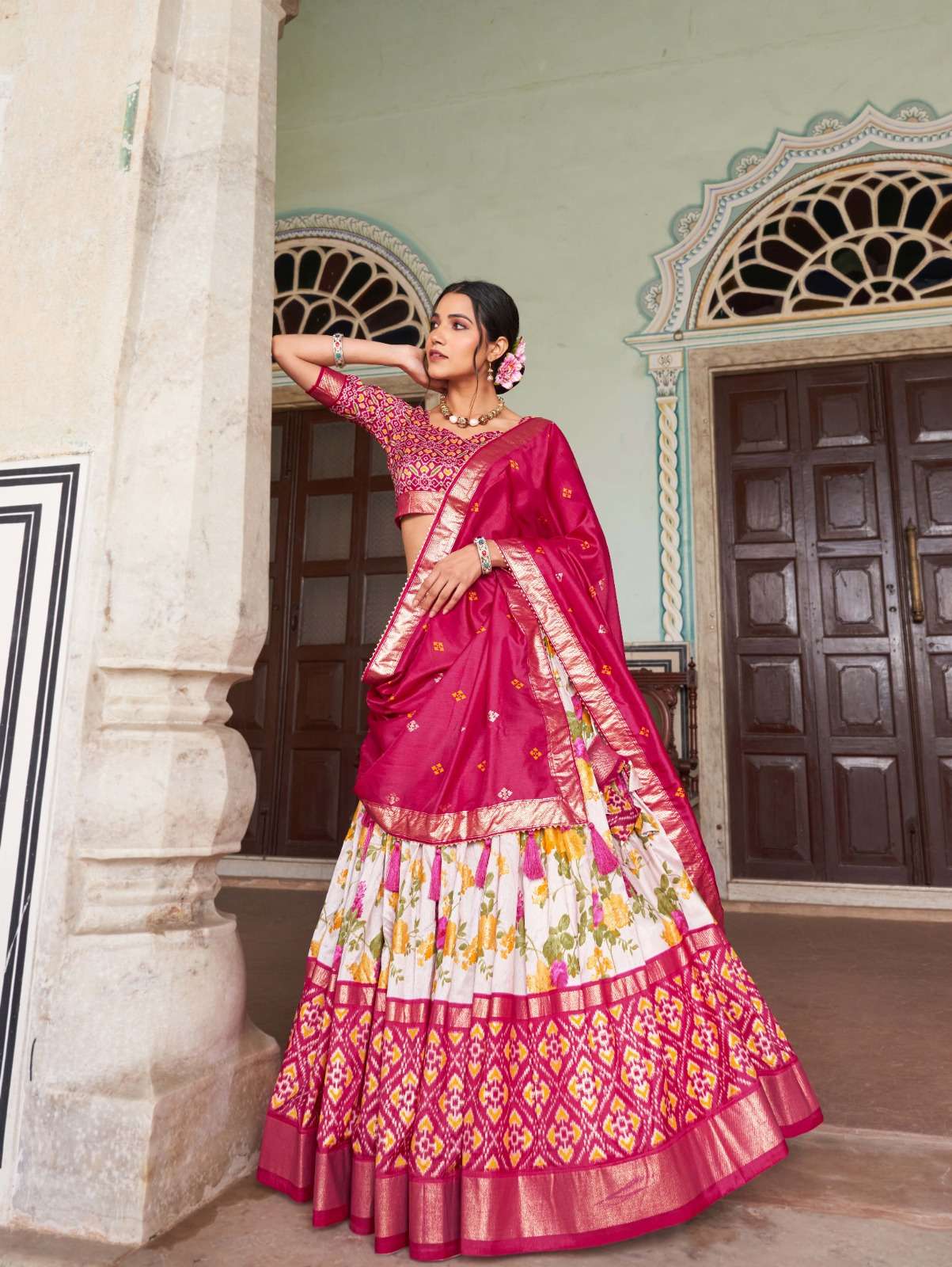 A exquisite Tussar Silk Lehenga Set  Floral And Patola Print With Foil Work