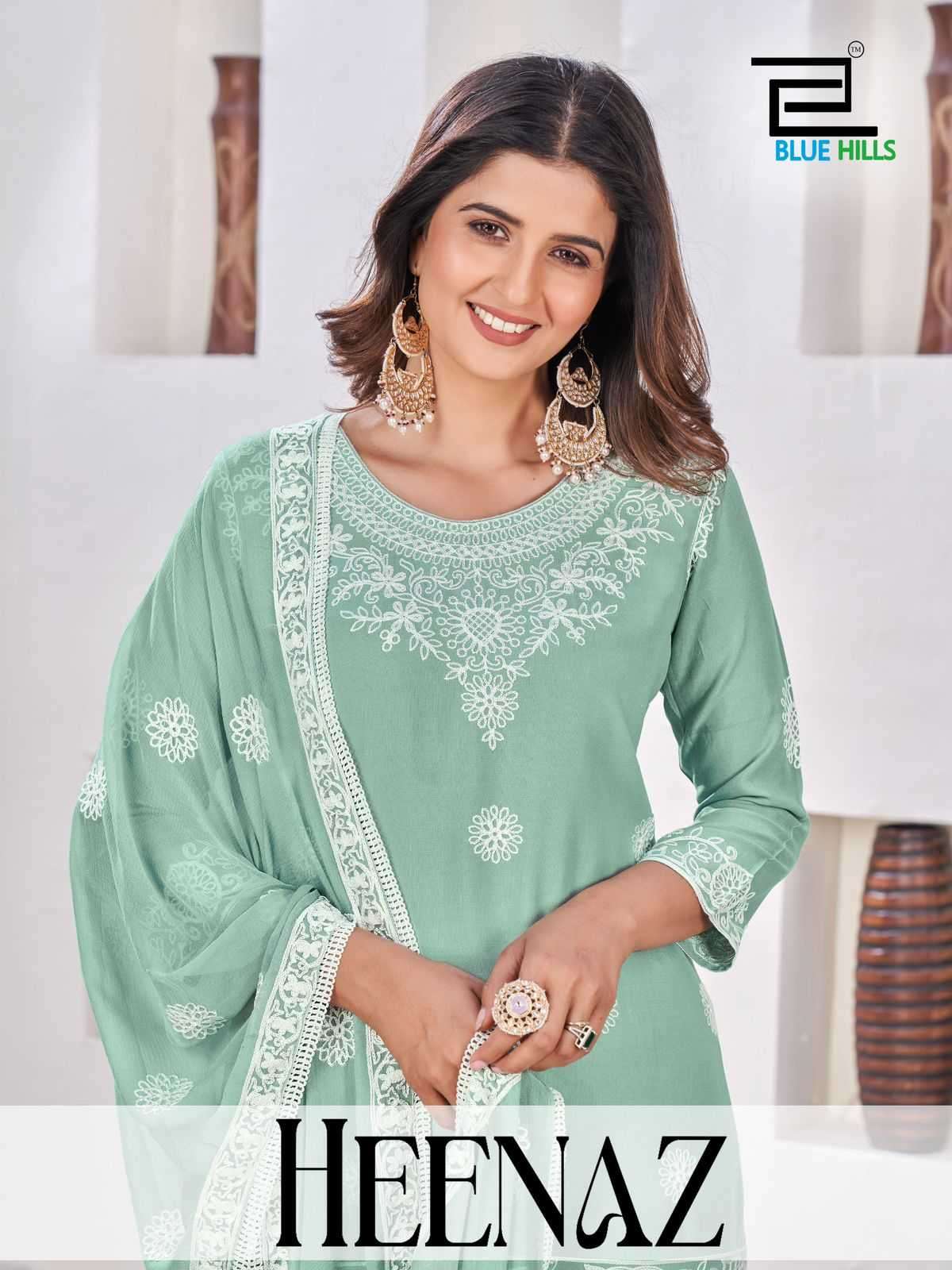 blue hills heenaz vol 1 series 101-104 14 kg Rayon with work readymade suit 