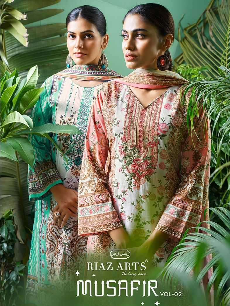 riaz artz musafir vol 2 series 2601-2608 pure karachi lawn cambric suit 