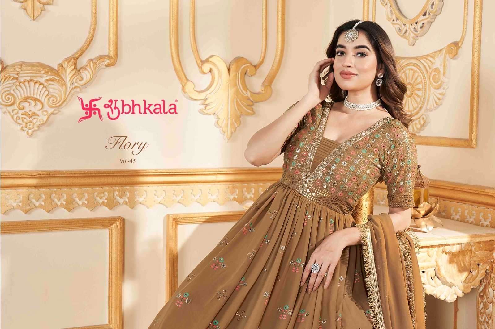 shubhkala flory vol 45 series 5011-5015 georgette gown with dupatta 