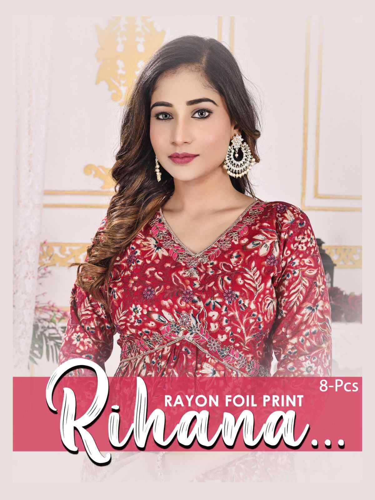 trendy rihana series 001-008 Rayon Foil Print Alia Cut readymade suit 