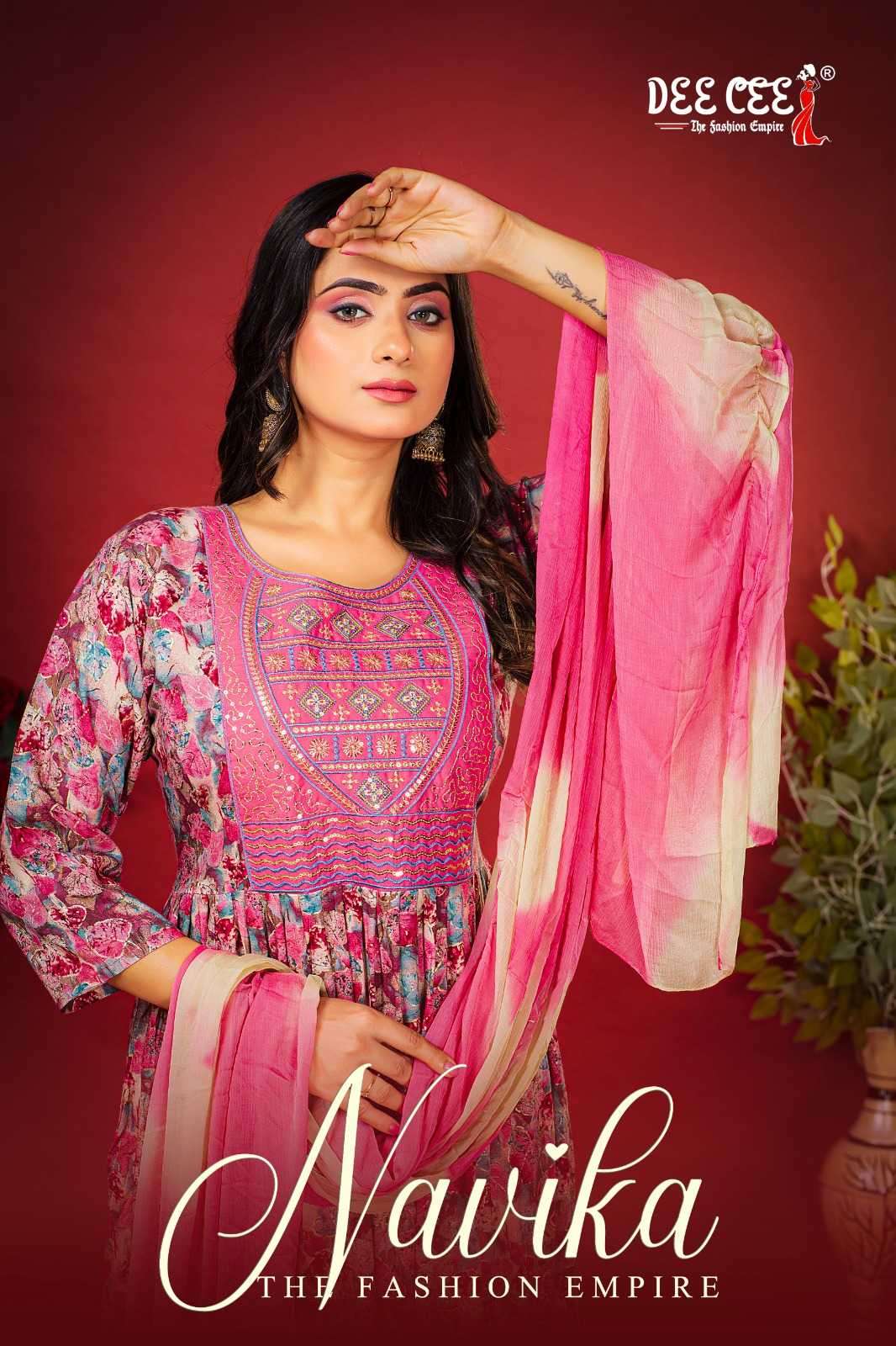 deecee navika series 101-106 rayon foil print readymade suit 