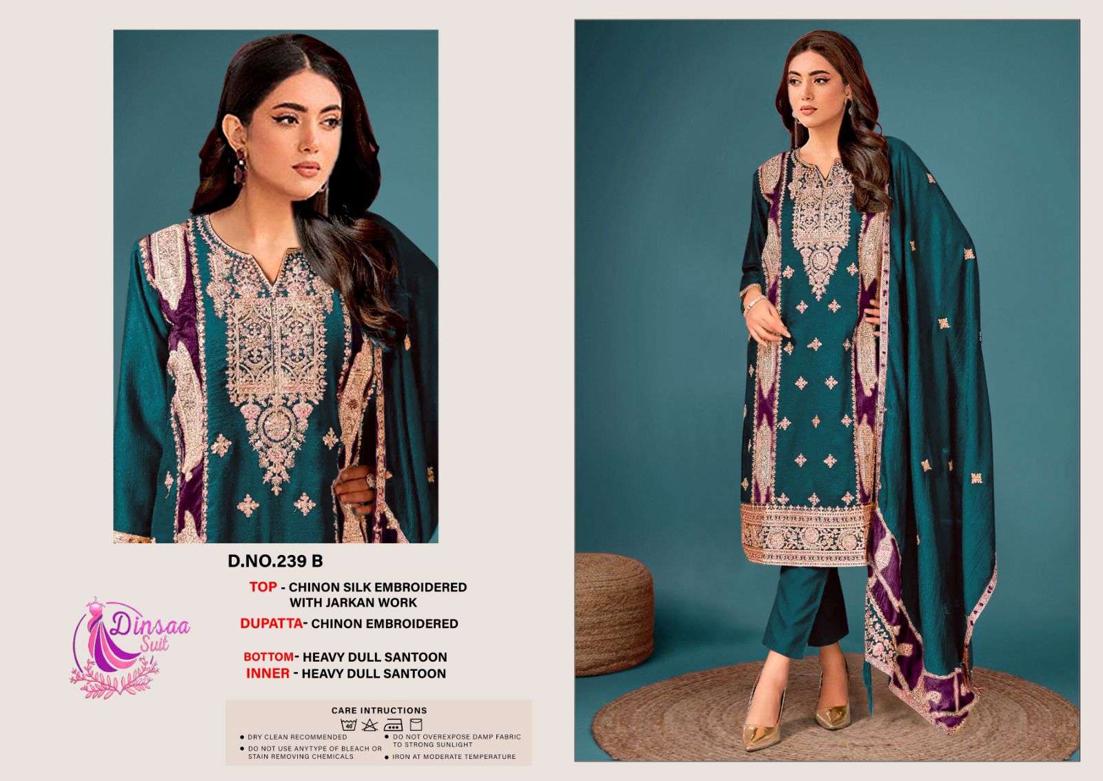 DINSAA SUIT DS-239 DESIGNER CHINON SILK EMBROIDERED SUIT
