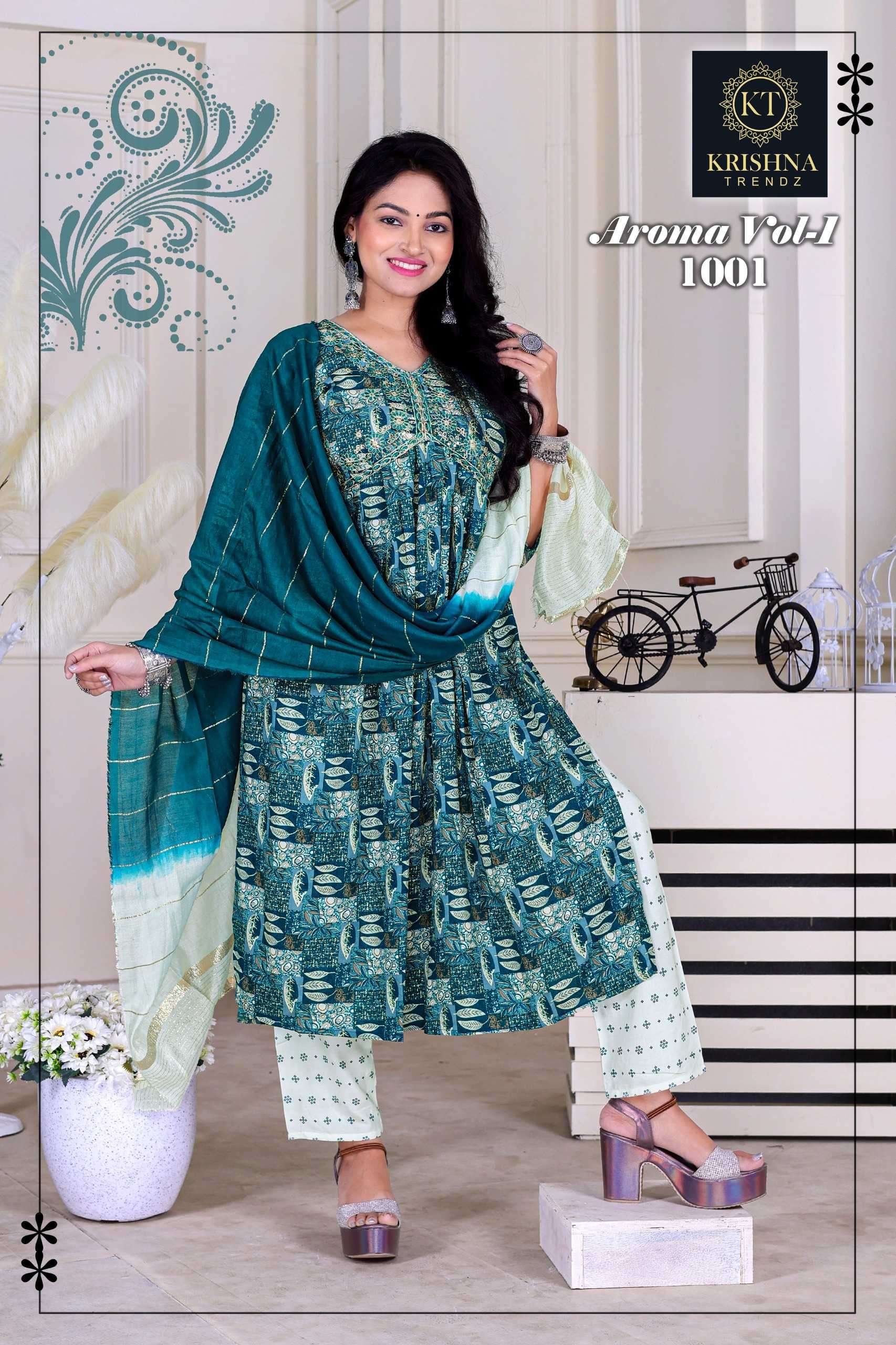 krishna trendz aroma vol 1 series 1001-1004 rayon 14kg readymade suit 