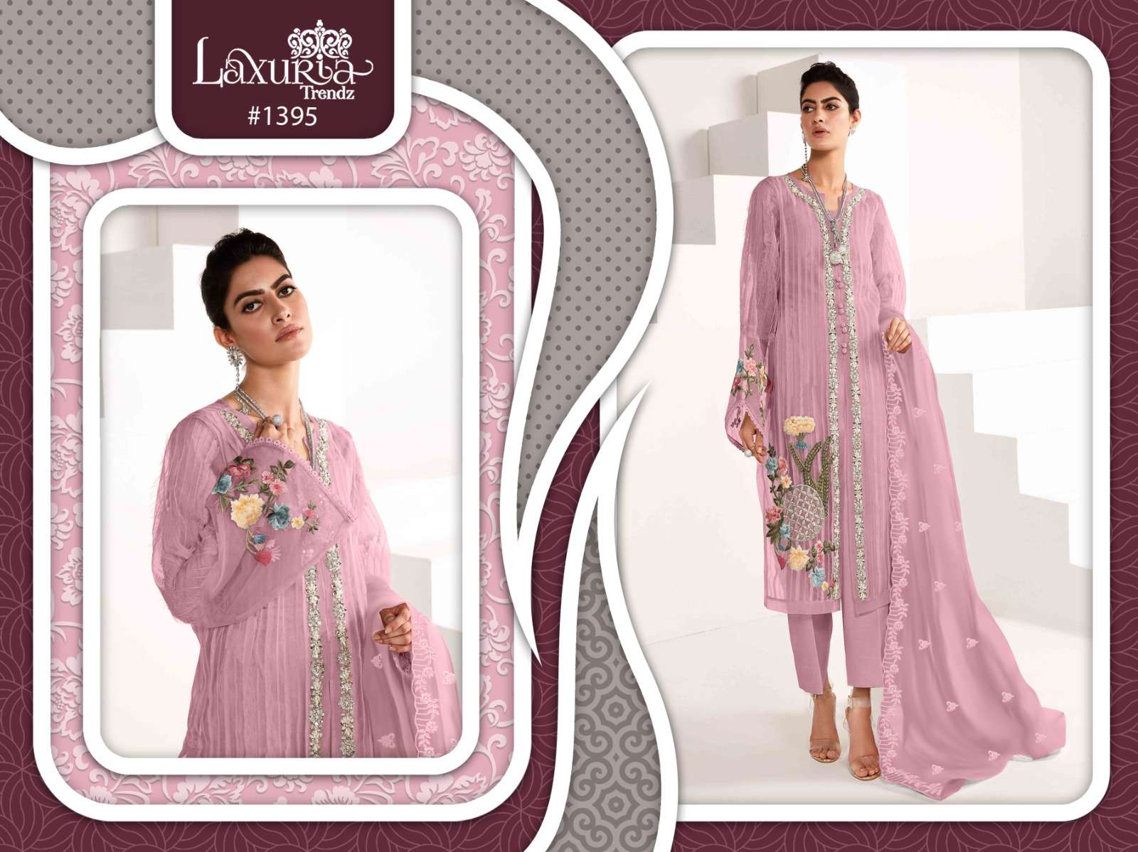 Laxuria Trendz 1395 Organza Pink shade enhanced with intricate long shirt suit