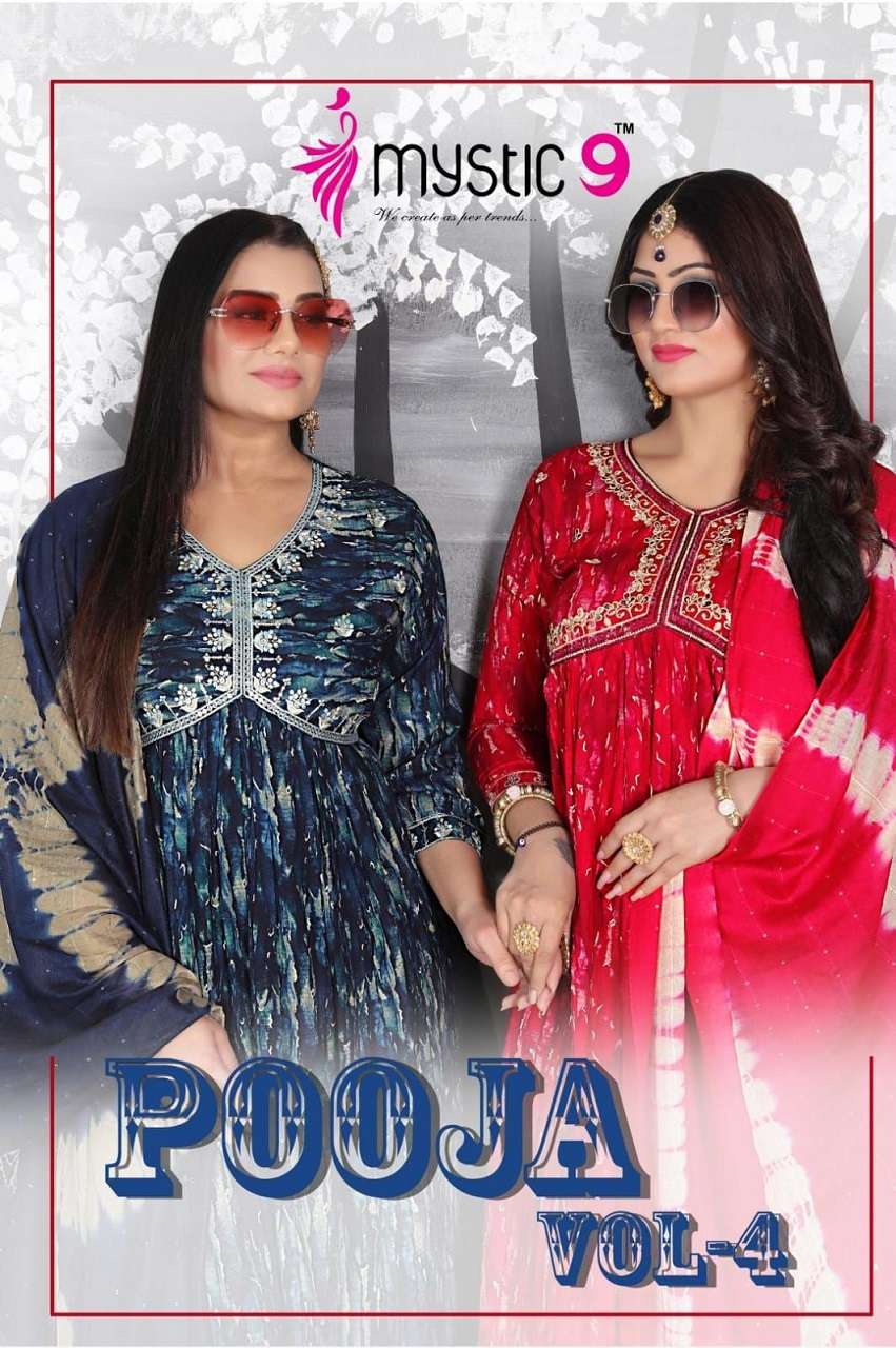 Mystic 9 Pooja Vol-4 series 4001-4008 Heavy Rayon Foil Print readymade suit 