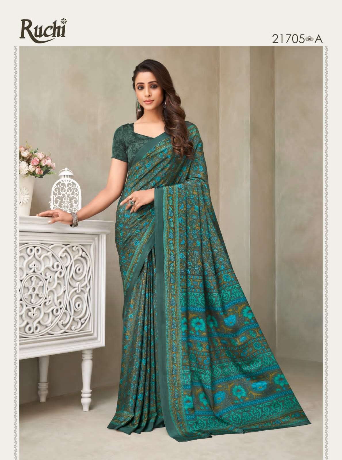 RUCHI UNIFORM HIT DESIGNS designer Silk Crepe saree singles available