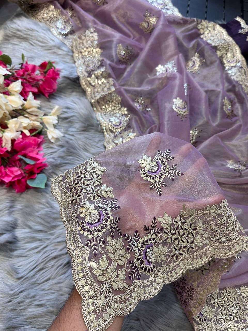 shravani designer Pure Tissue silk saree in a solid color with  embroidery viscos thread work 