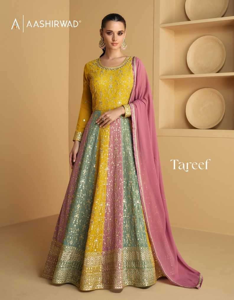 aashirwad tareef series 9971-9973 real georgette gown with dupatta 