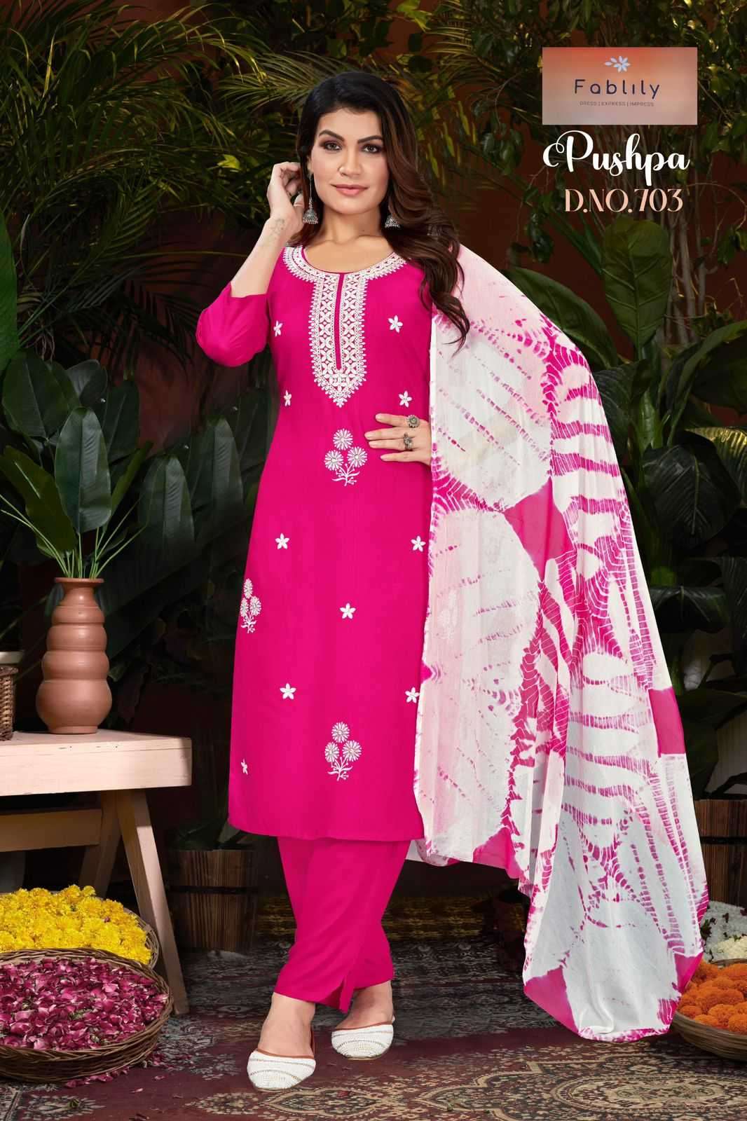 fablily pushpa series 701-708 rayon readymade suit 