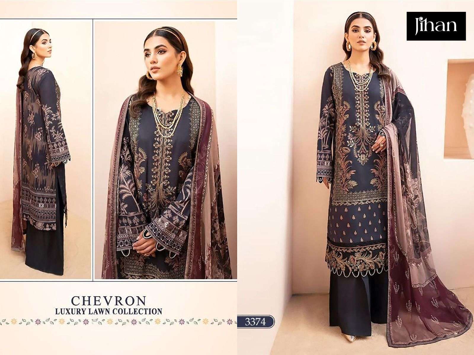 JIHAN CHEVRON LUXURY LAWN COLLECTION 3374 designer PURE LAWN COTTON suit