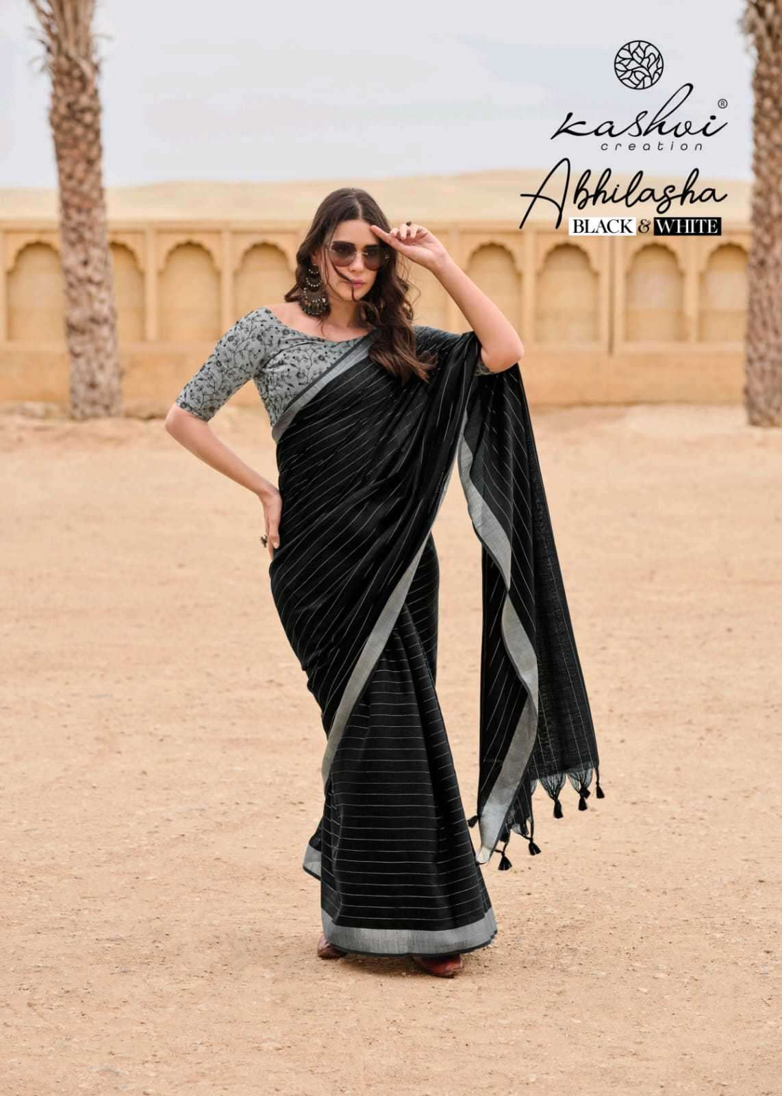 kashvi abhilasha black and white series 1001-1008 linen silk saree