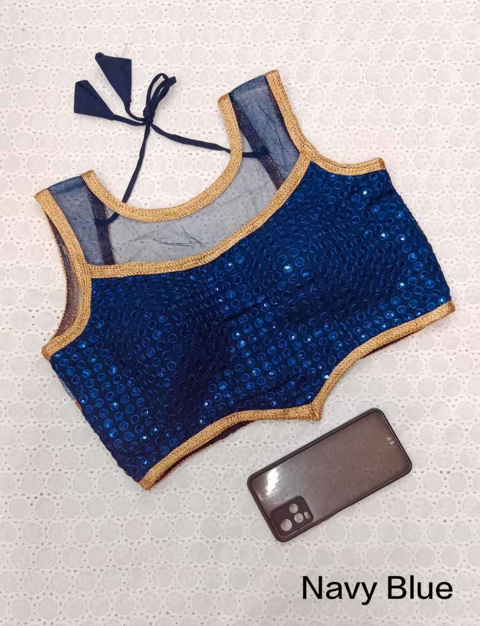 pr navy blue georgette readymade designer sequence v neck blouse collection