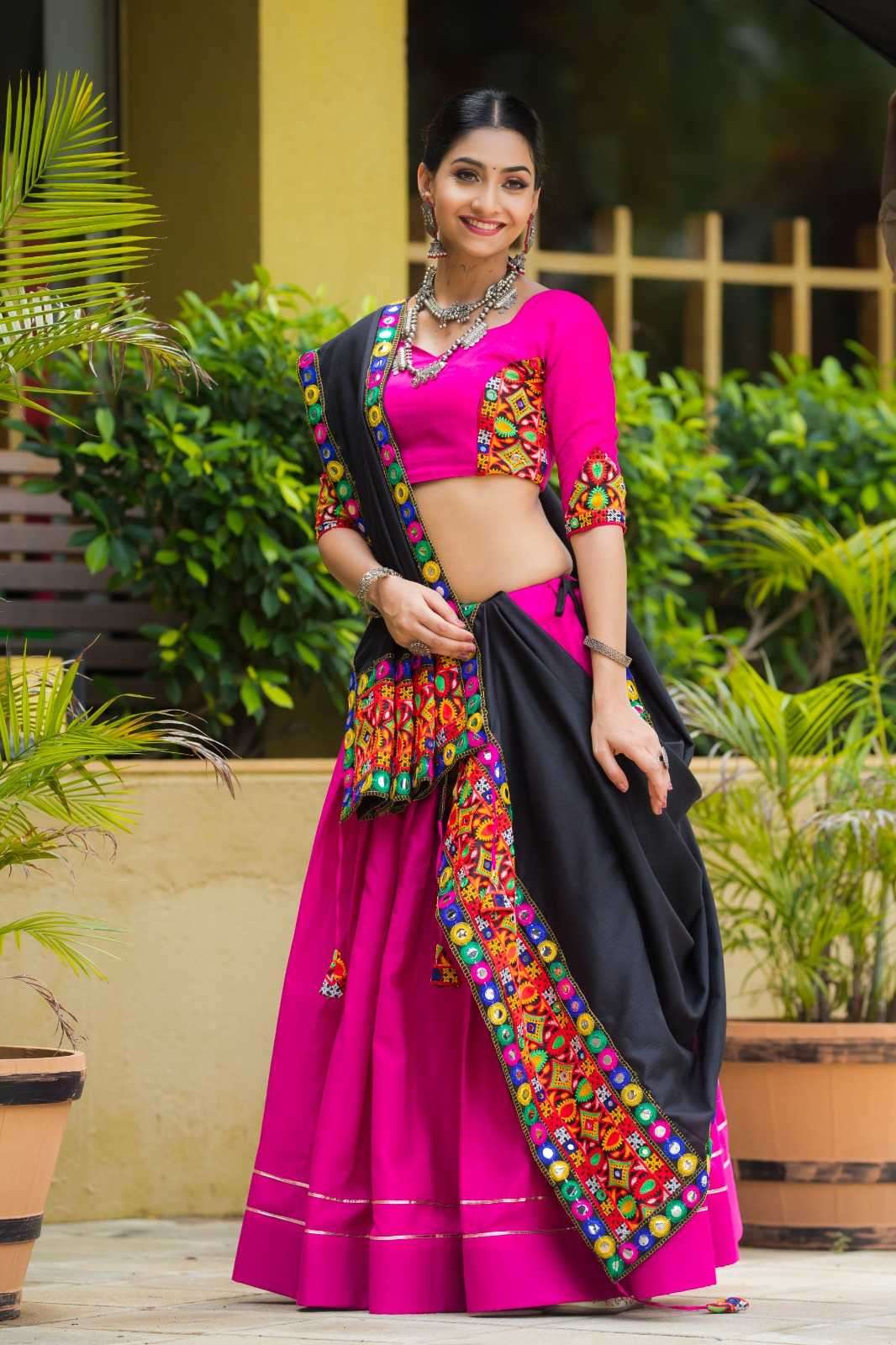 aawiya 7070 Pure Cotton Plain With Gota Lace Work lehenga