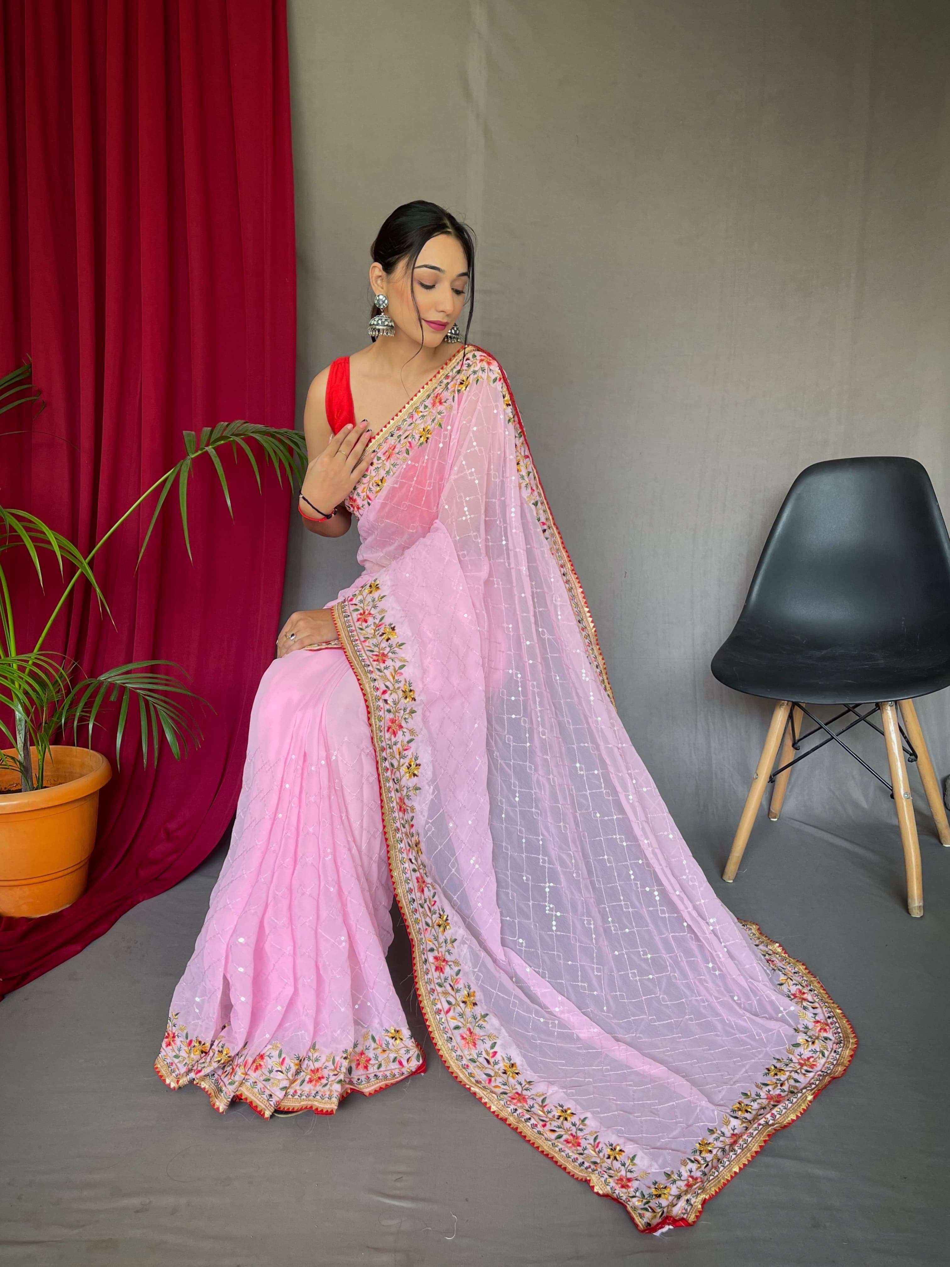 BT-53 PURE GEORGetTE SAREE  WITH ALL OVER  5MTR SEQUENCE WORK