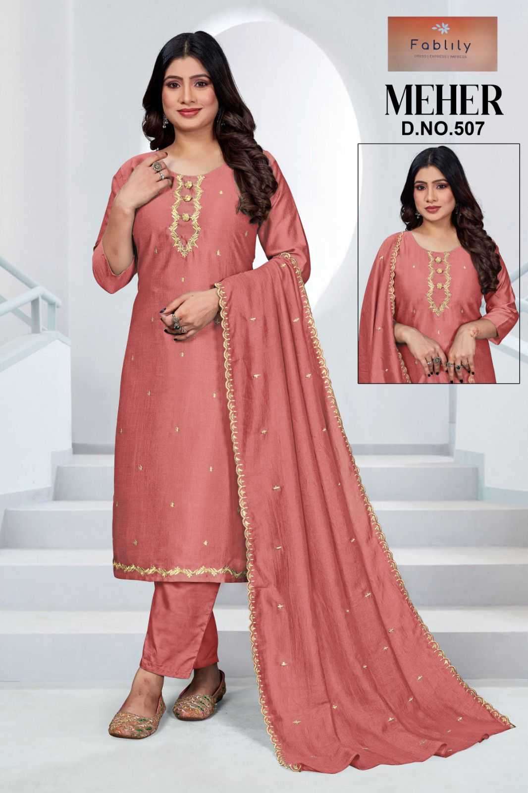 fablily meher series 501-516 vichitra silk readymade suit 