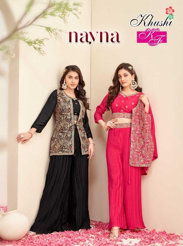 khushi nayna series 1001-1006 chinon silk kurti plazzo with jacket