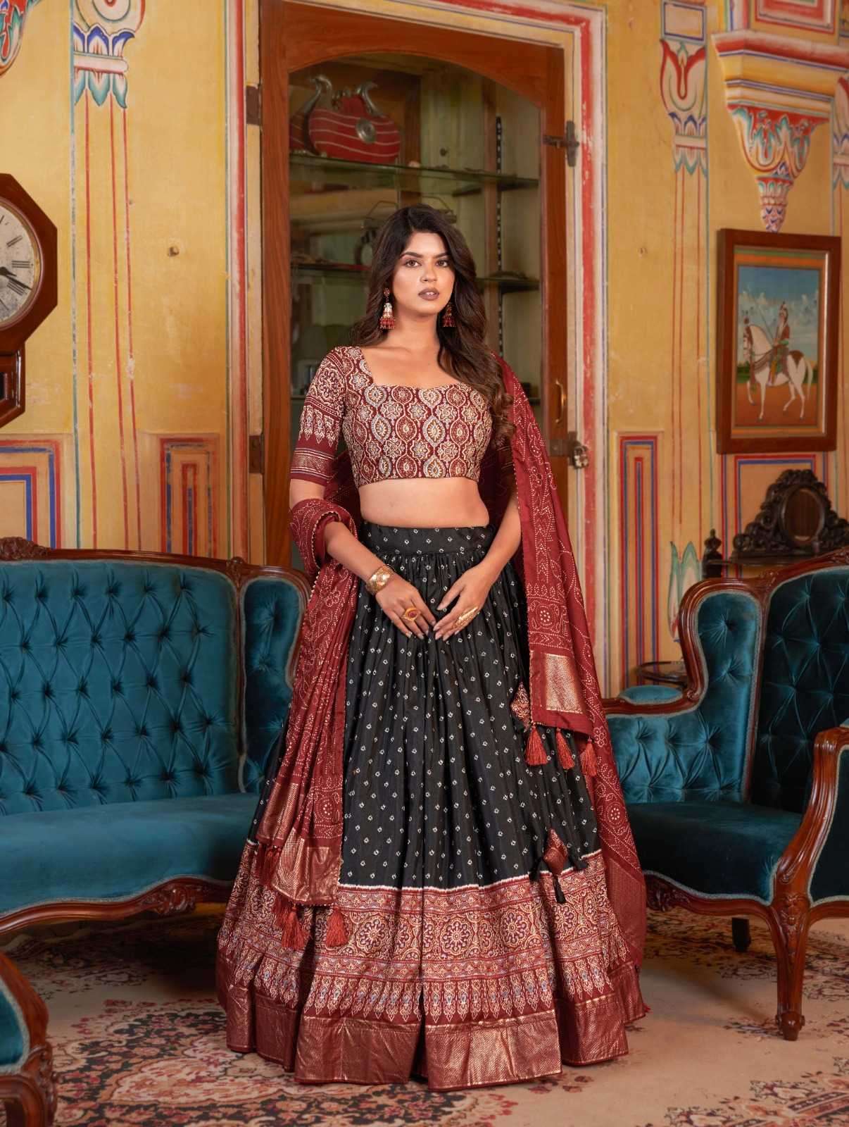 pr dia aur baati dola silk attractive look print stitch lehenga 