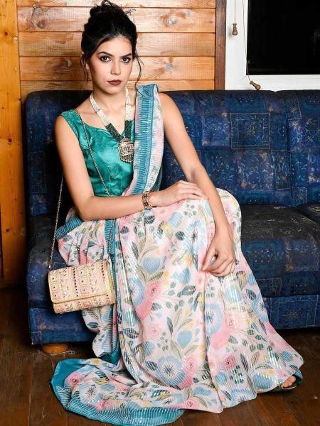 pr kc 2007 georgette floral print fashionable design saree with blouse