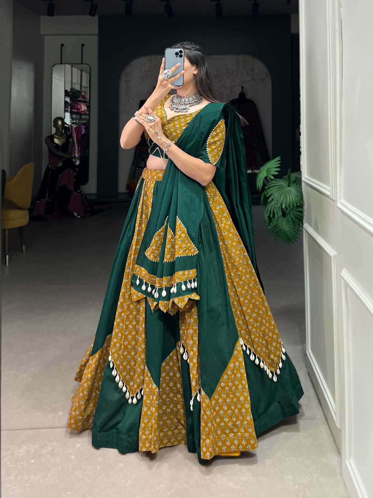 pr lnb1620 Pure Cotton Plain And Printed With Cowrie lehenga