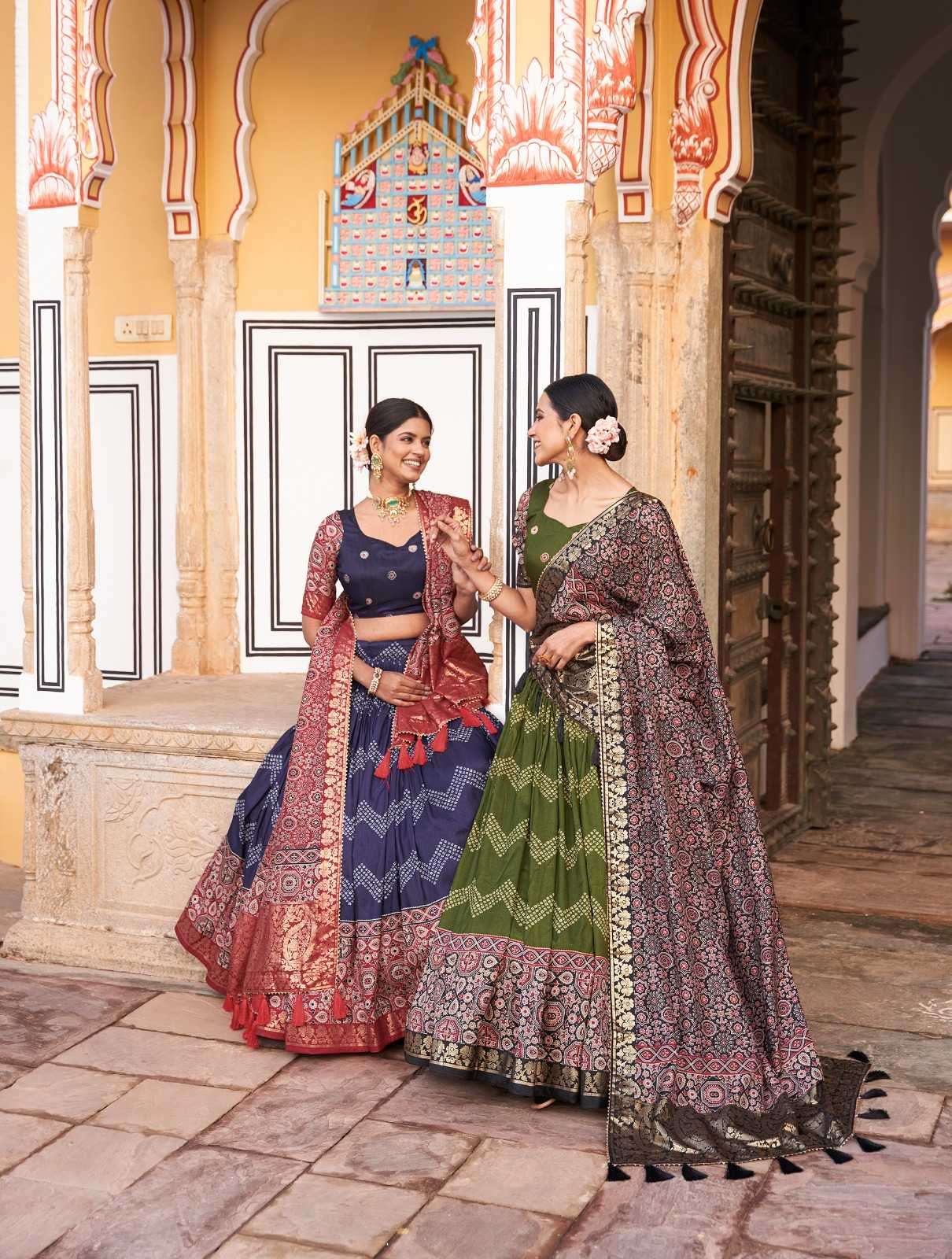 pr renuka tussar silk fashionable ajarakh print stitch lehenga 