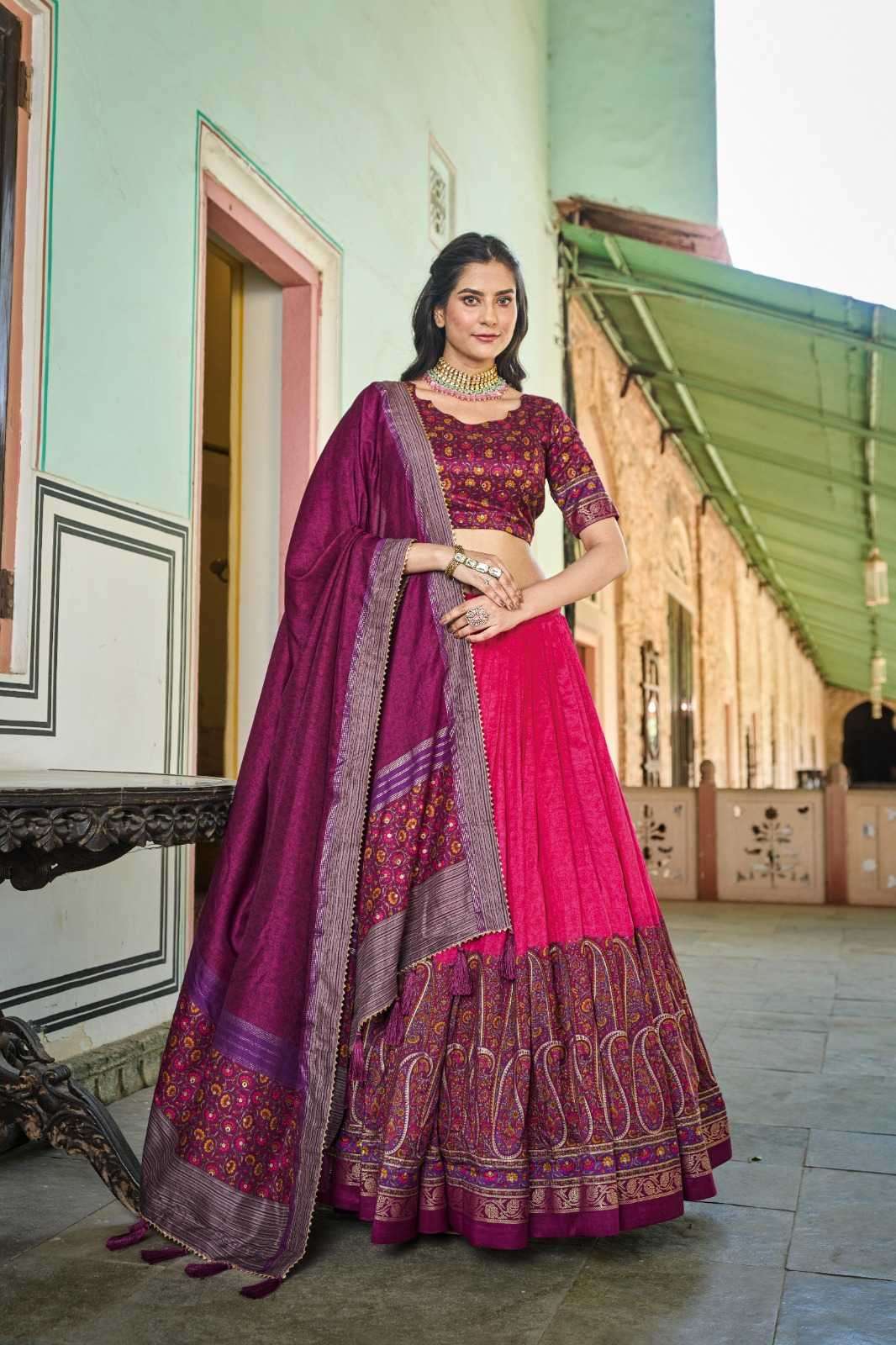 pr sanaya Tussar Silk Kashmiri Print With Foil Print lehenga