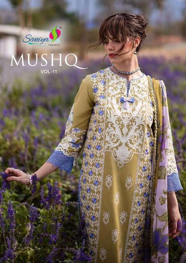 saniya trendz mushq vol chikankari vol 11 series 11001-11003 cotton suit 