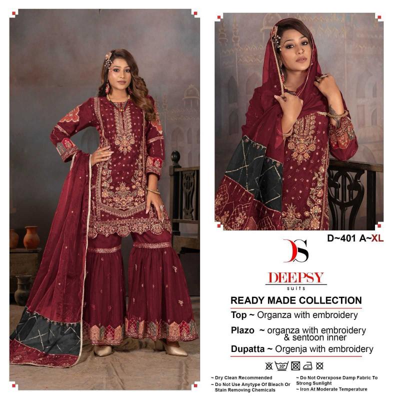 deepsy suits d 401 readymade designer organza suits with plazzo